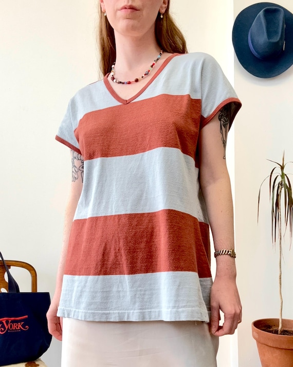 Vintage 1970s Marimekko Galleria Stripe V Neck Dolman Tee large
