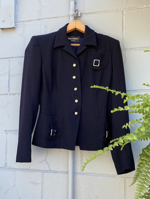 1940s Buckle and Shoulder Pad Navy Blue Suit Jacket