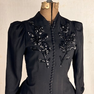 Vintage 1940s Sequin Peplum Black Rayon Crepe Dress