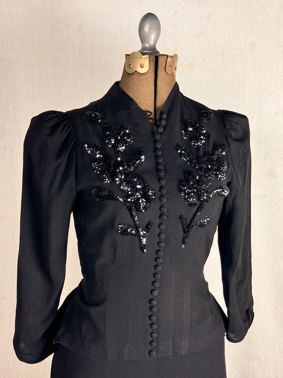 Vintage 1940s Sequin Peplum Black Rayon Crepe Dress