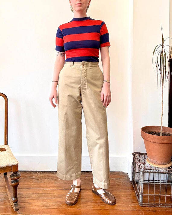 Vintage 1950s Twill Chino US Military Khaki Button Fly Trousers | 28 waist