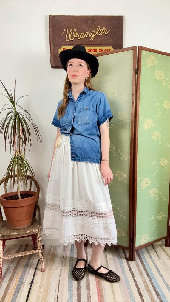 Reworked Antique Drawstring Waist White Cotton Crochet Lace Petticoat Skirt | one size