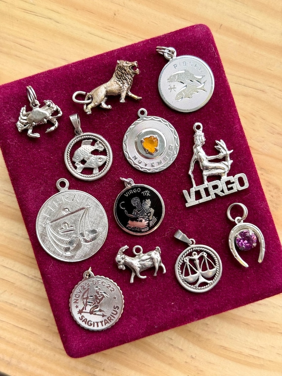 Vintage Zodiac & Birthstone Sterling Silver Charm Pendant | select one