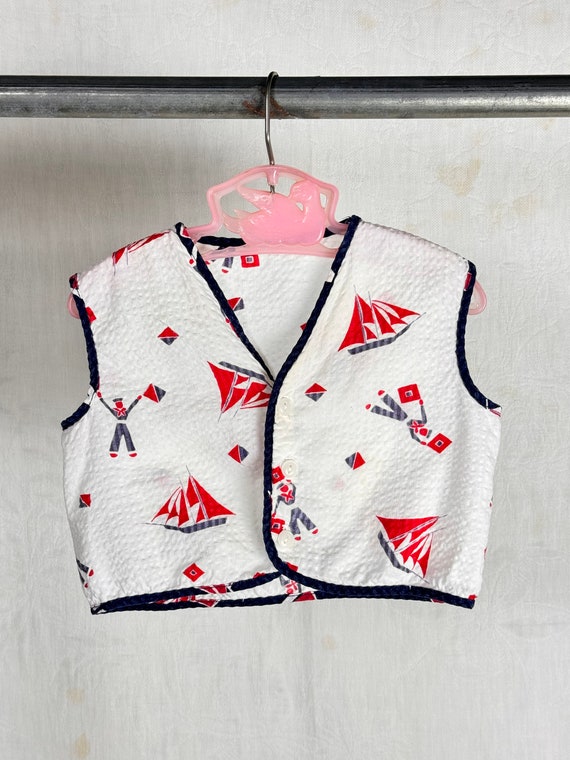 Vintage 1950s 60s Childrens Sailor Print Seersucker Vest Top