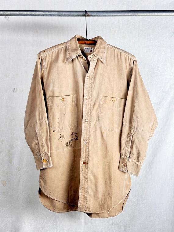 Vintage 1940s Can’t Bust ‘Em Herringbone Twill Khaki Work Shirt