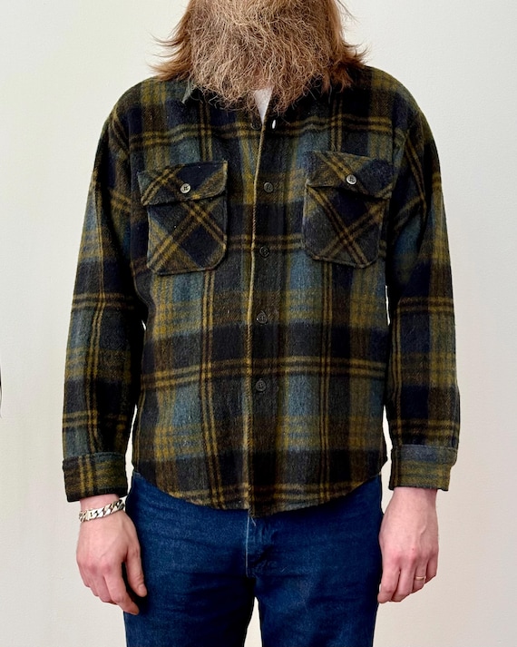 Vintage 1960s Shag Wool Flannel CPO Plaid Shirt Jacket | large