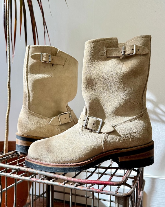 Vintage Engineer Boots Sand Roughout Leather Steel Toe Walker deadstock | mens 7.5 E wide