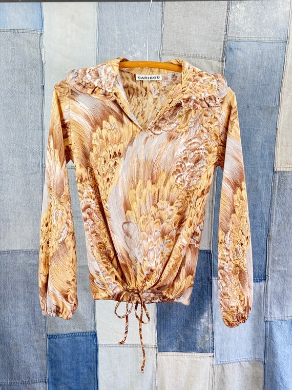 Vintage 1970s Feather Print Polyester Blouse