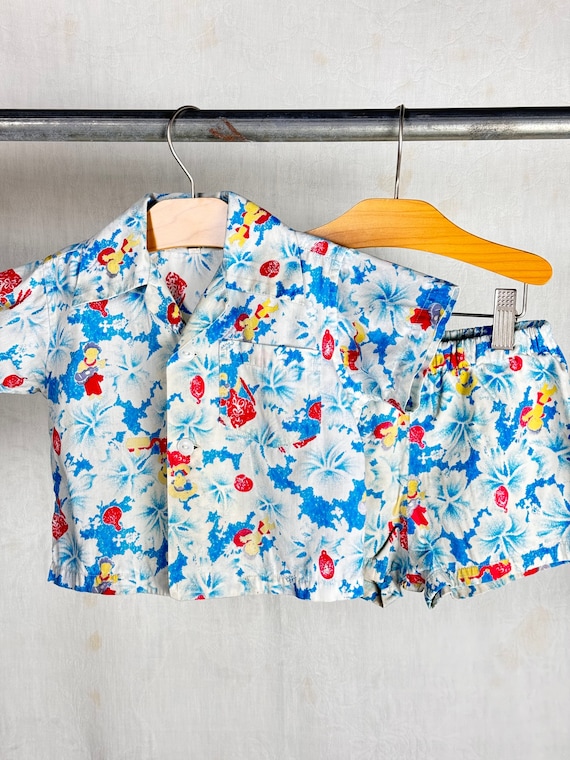 Vintage 1950s Childrens Hawaiian Kewpie Shirt Shorts Set