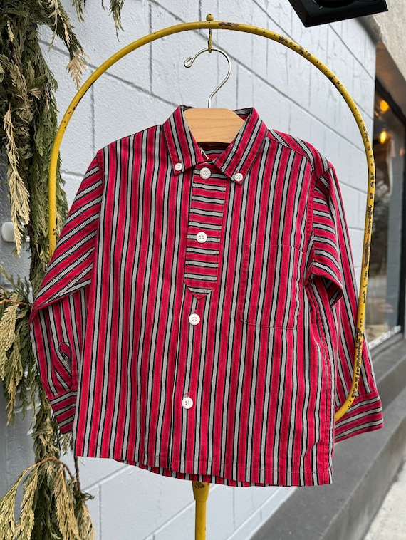 1950s Childrens Red Striped Long Sleeve Button Shi