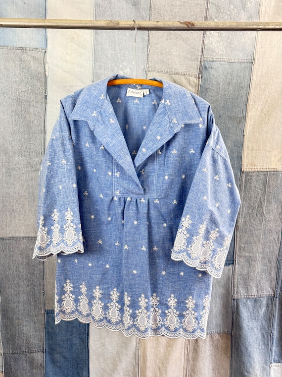 Vintage 1970s Neiman Marcus Lace Trim Chambray Blouse