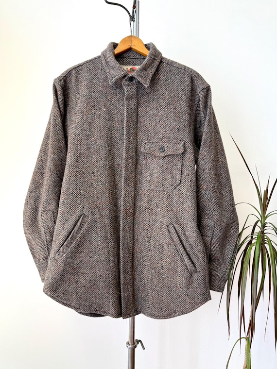 Vintage 1980s LL Bean Herringbone Donegal Wool Pocket Flannel Shirt Jacket | small