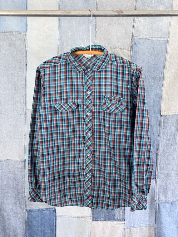 Vintage 1970s Metallic Plaid Poplin Shirt Blouse