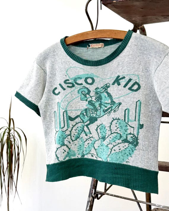 Vintage 1950s Cisco Kid Western Graphic Knit Cotton T Shirt Sweater | youth medium large