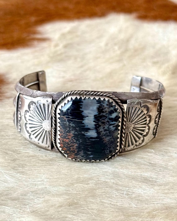Vintage 1940s Petrified Wood Native American Silver Cuff Bracelet Signed