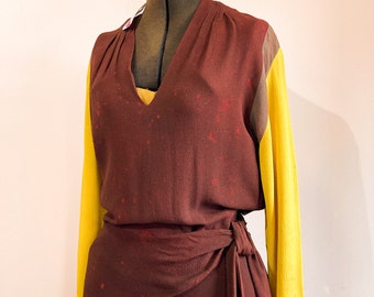 1940s Rayon Crepe Draped Waist Long Sleeve Dress