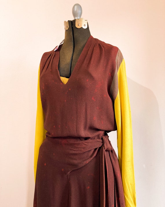 1940s Rayon Crepe Draped Waist Long Sleeve Dress