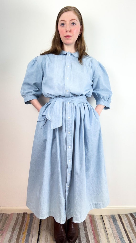 Vintage 1980s Ralph Lauren Chambray Prairie Shirt Dress Deadstock | small medium
