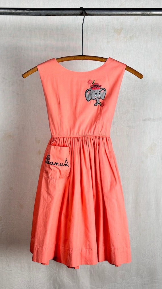 Vintage 1950s Childrens Elephant Embroidered Flared Dress