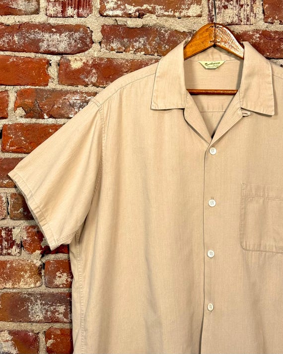 Vintage 1950s Loop Collar Woven Solid Poplin Summer Shirt | large