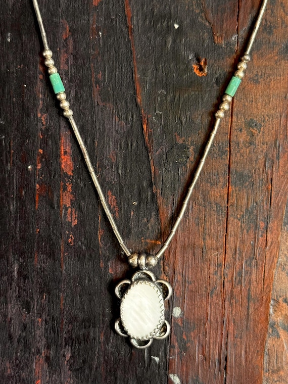 Vintage Navajo Turquoise Mother of Pearl Sterling Silver Tube Bead Necklace