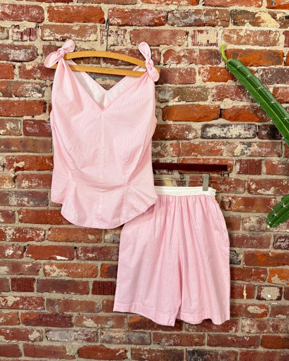 Vintage 1950s Pink Stripe Cotton Sportswear Co-Ord Tie Top Shorts Set | small