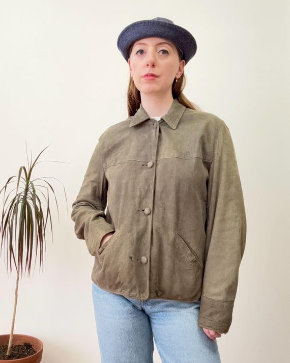 Vintage 1960s Moss Green Suede Collared Leather Jacket | small