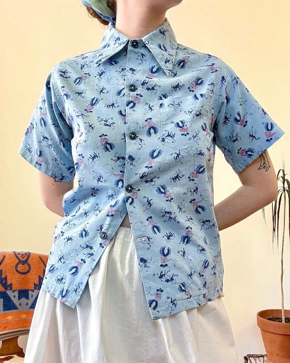 Vintage 1940s Cowboy Western Print Short Sleeve Boys Shirt