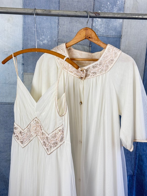 Vintage 1950s 60s Embellished Nylon Peignoir Lingerie Set