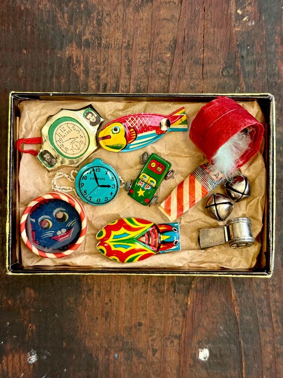 Vintage 1950s Tin Toys & Cracker Jack Prizes Curiosity Box