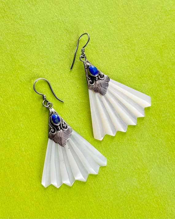 Vintage Lapis Lazuli Shell Fan Sterling Silver Dangle Earrings