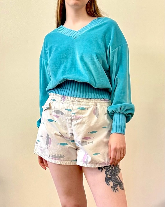 Vintage 1970s Velour Turquoise V Neck Rib Knit Trim Sweatshirt | medium large