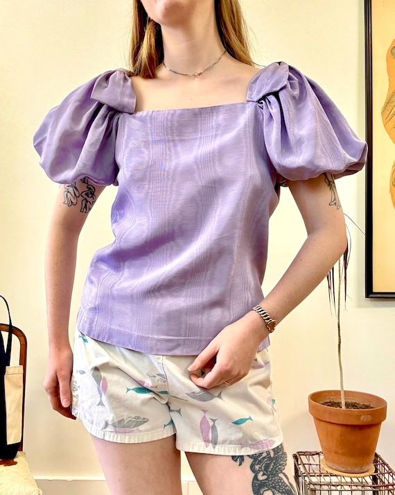 Vintage 1980s Bow Puff Sleeve Lavender Moire Blouse Currie Bonner | small