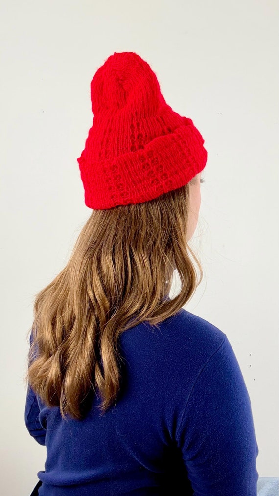 Vintage 1970s Pointelle Knit Cap made in USA | bright cherry red