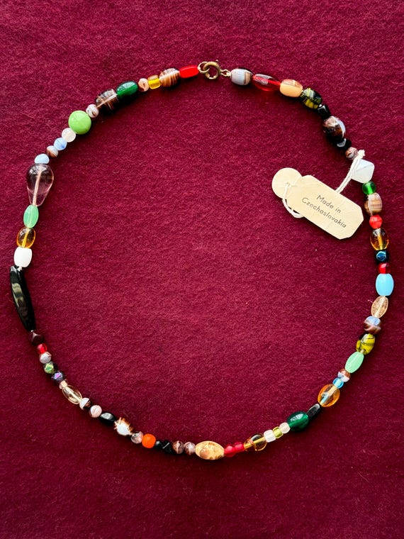 Vintage Deco Glass Vaseline Multicolor Bead Choker Necklace 18.5”
