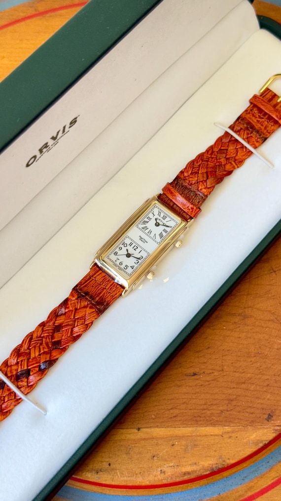 Vintage Orvis Dual Time Quartz Watch Braided Leather Gift Box Set