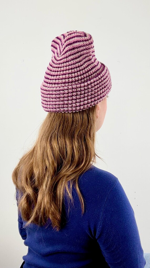 Vintage 1970s Stripe Knit Cap made in USA | razzleberry pink