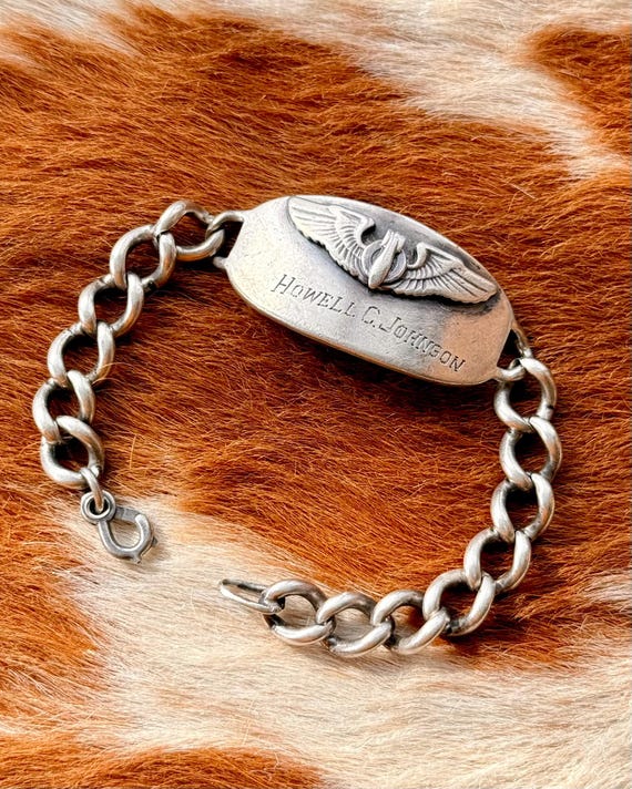 Vintage WWII Sterling Silver Military Bombardier ID Bracelet Curb Link Chain Bracelet