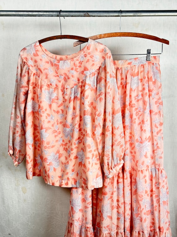 Vintage 1970s Chiffon Maxi Skirt & Blouse 2 Piece Set