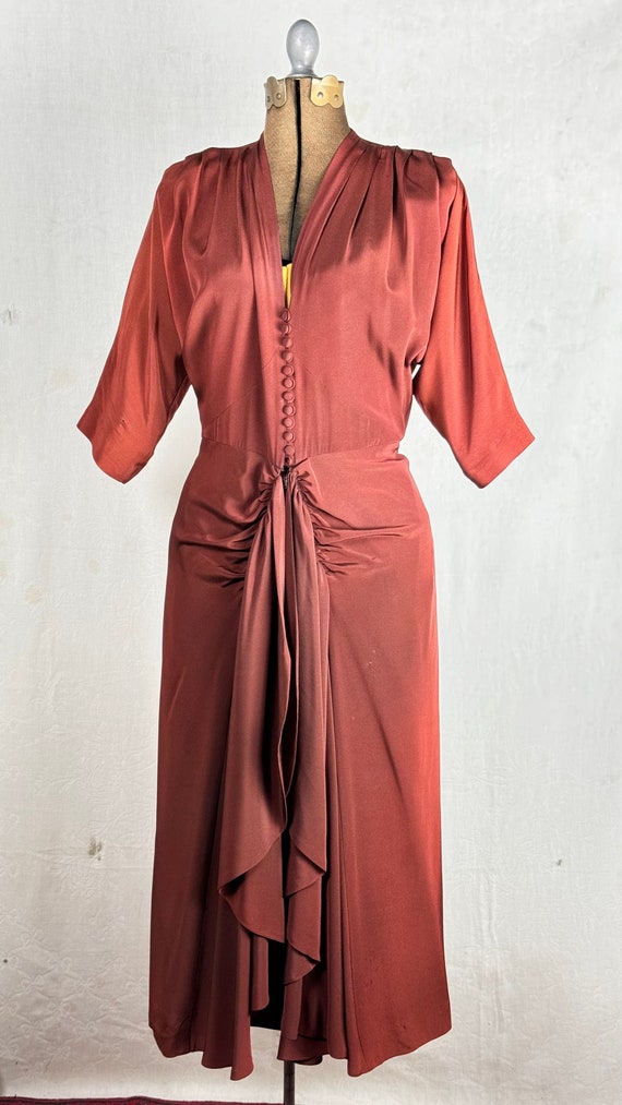 Vintage 1940s 50s Draped Rayon Shoulder Pad Cocktail Dress