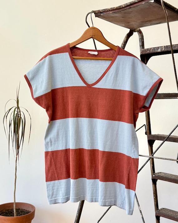 Vintage 1970s Marimekko Galleria Stripe V Neck Dolman Tee large
