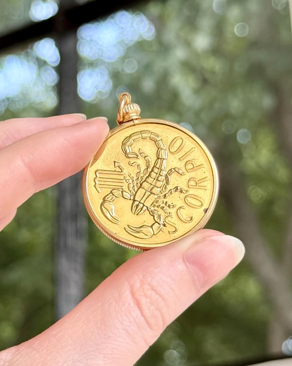 Vintage 1970s Scorpio Brass Coin Gold Bezel Zodiac Pendant Southern Comfort
