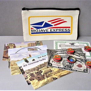 Fallout New Vegas Mojave Express  Zipper Pouch  Sunset Sarsaparilla Caps  Currency Postcards