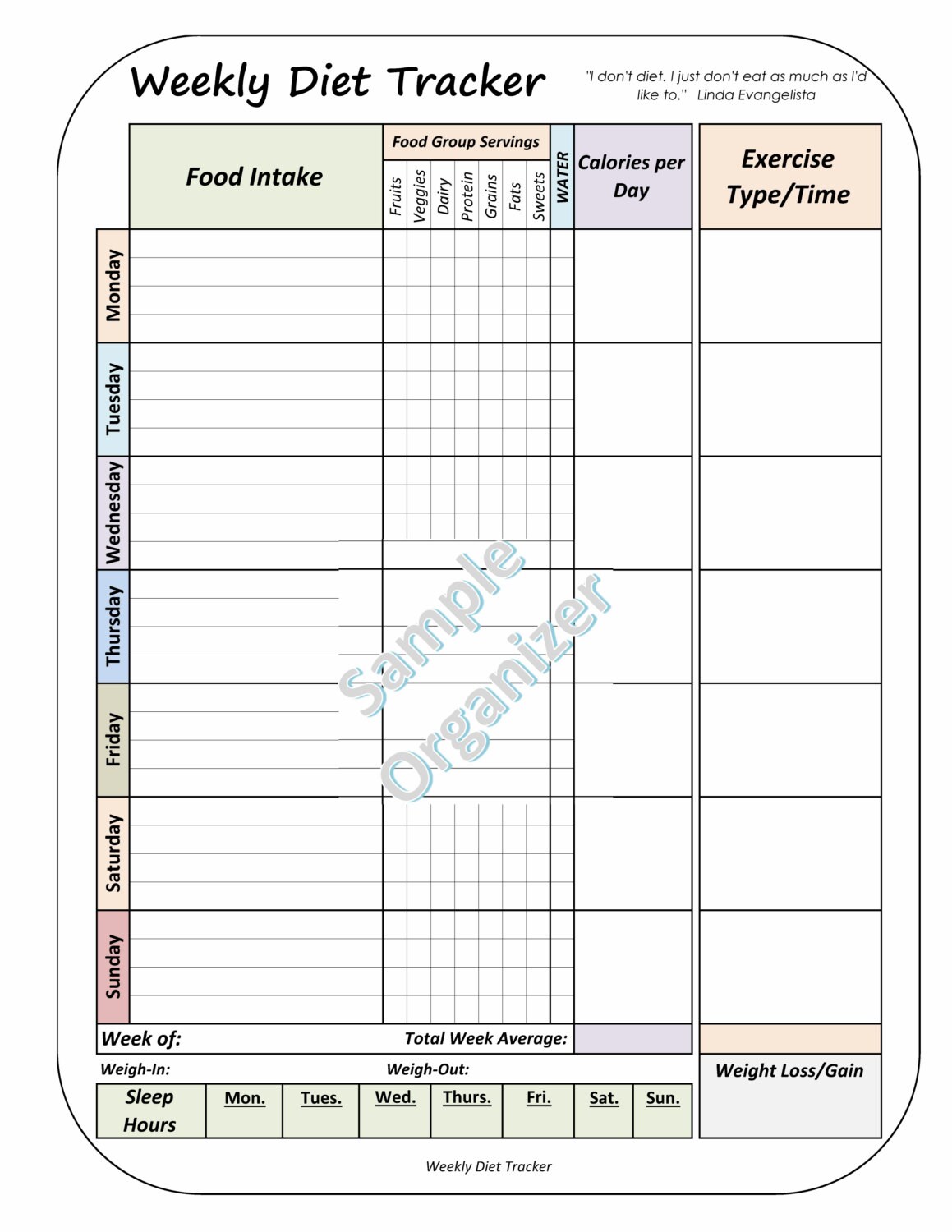 Weekly Diet Tracker Printable Weight Loss Planner Weekly Etsy