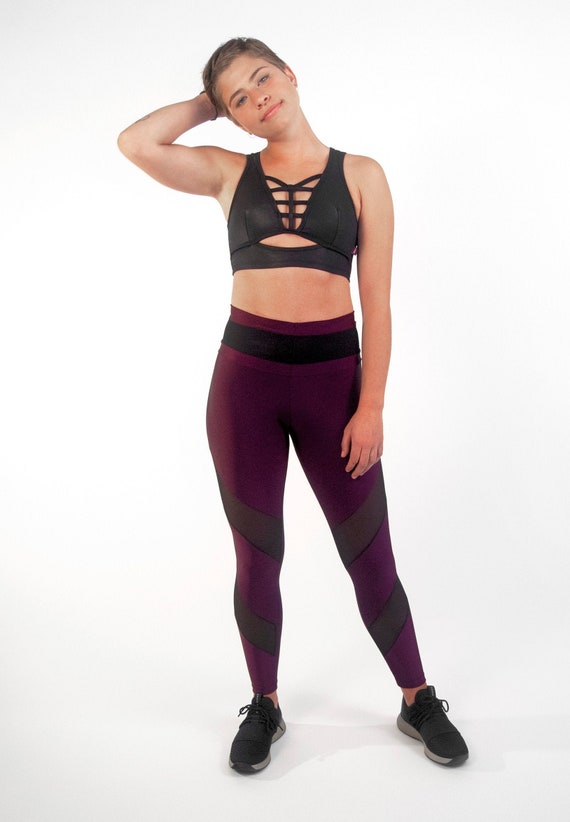 Aubergine Shiny High Waist Leggings With Black Power Mesh Inserts Yoga Pants  Brazilian Workout Activewear 