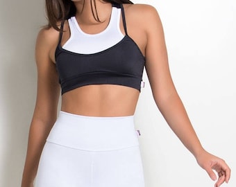 Black and White 2-Fer Sports Bra Racer Back Bralette Crop Top Brazilian Workout Activewear