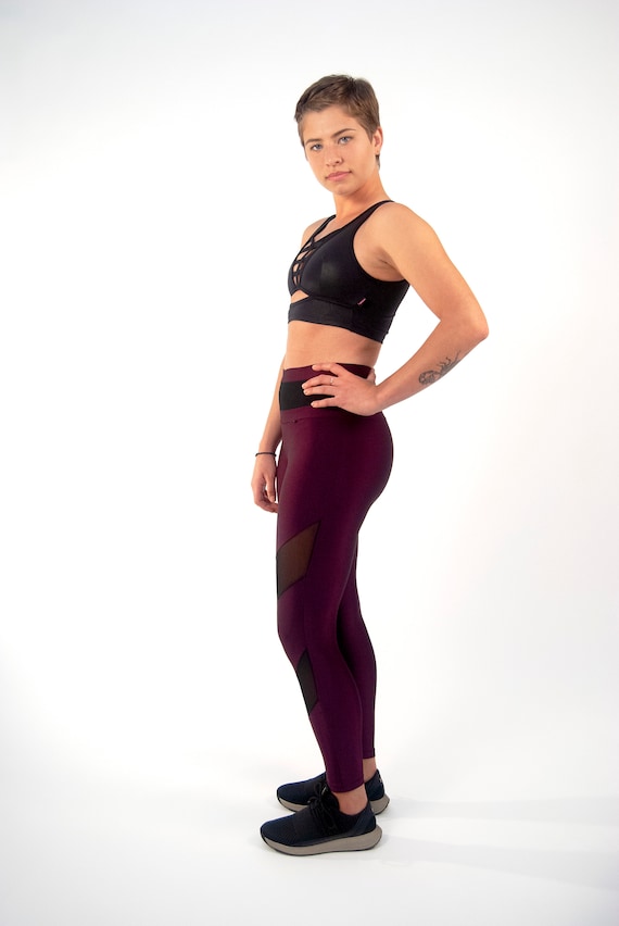 Aubergine Shiny High Waist Leggings With Black Power Mesh Inserts Yoga Pants  Brazilian Workout Activewear 