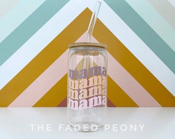 Glass Can, Mama Glass Can, Mama Glass Tumbler, Retro Mama Glass Cup, Glass Can with Bamboo lid, Glass Straw