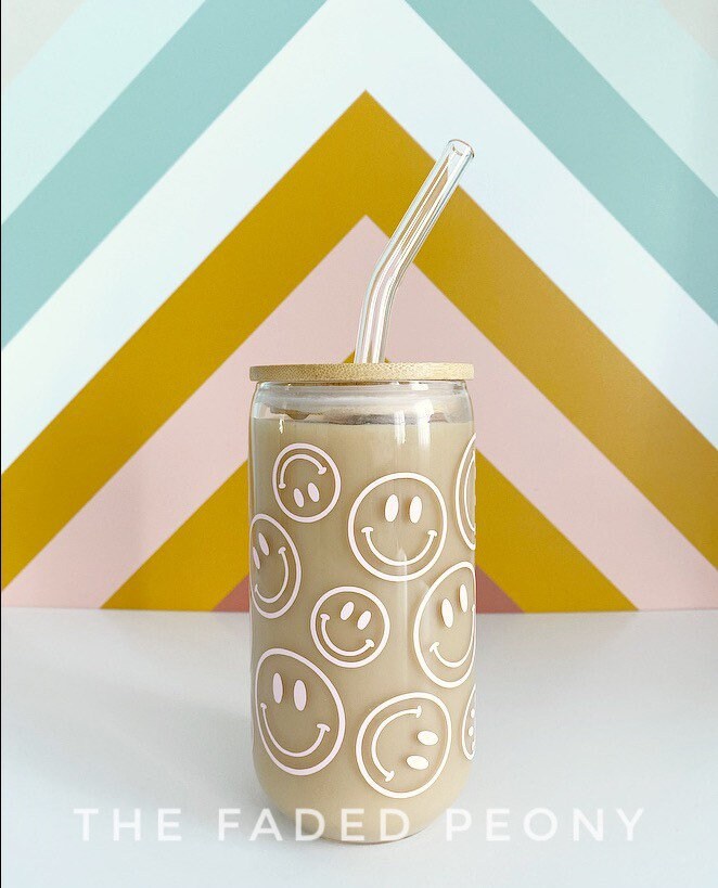 Smiley Face Iced Coffee Glass Cup with Bamboo Lid and Reusable metal s –  Ava Reign