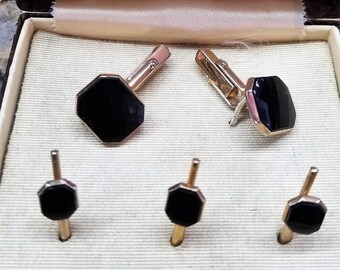SWANK - Vintage Gold-Tone Onyx Cuff Links & Shirt Studs